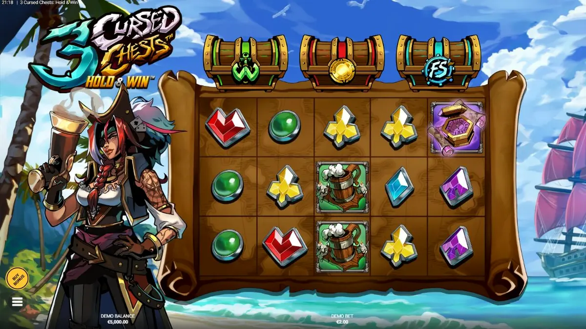 Interface do jogo 3 Cursed Chests: Hold & Win com baús brilhantes e temática pirata sombria