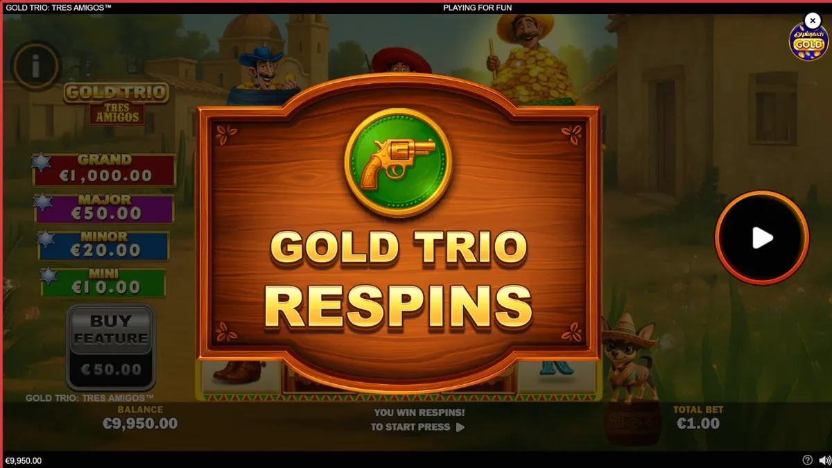 Interface vibrante do caça-níqueis Gold Trio: Tres Amigos com temática mexicana