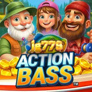 Interface do slot Action Bass com pescadores e elementos subaquáticos