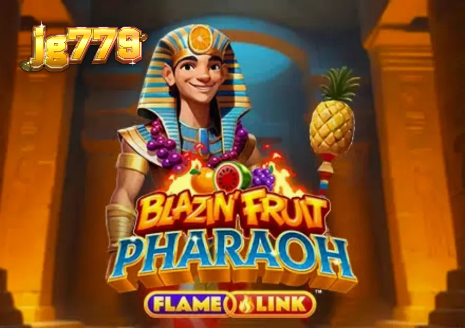 Interface vibrante do slot Blazin’ Fruit Pharaoh FlameLink com símbolos de frutas e elementos egípcios